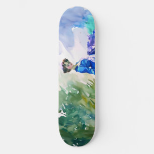 Skate Dama em Vestido Azul - Pintura em Aquarela