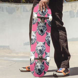 Skate Desenho de padrão de cabeça de lobo branco rosa