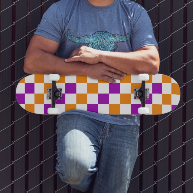 Skate Desenho de padrão xadrez laranja branco roxo  (Ao ar livre 3)