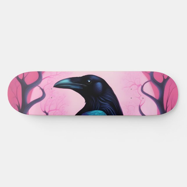 Skate Desenho de um corvo sobre fundo rosa-néon (Horz)
