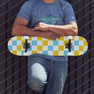 Skate Desenho Xadrez Amarelo Branco Azul
