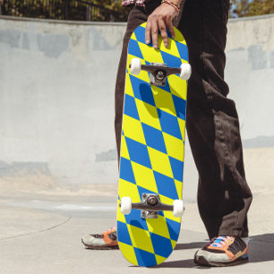 Skate Desenho Xadrez Arlequim Amarelo Azul