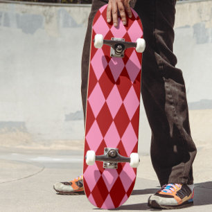Skate Desenho Xadrez Arlequim Rosa Vermelho