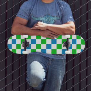 Skate Desenho Xadrez Azul Branco Verde