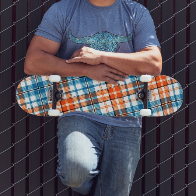 Skate Desenho Xadrez Escocês Laranja Azul Branco (Ao ar livre 3)