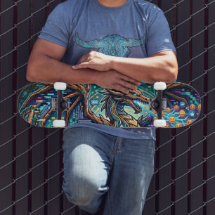 Skate Design de Mural de Arte Glitch do Dragão Azul Cybe