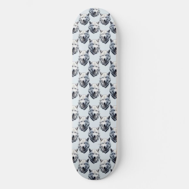 Skate Design de Padrão da Cabeça do Lobo Branco - Branco (Frente)
