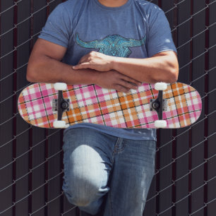 Skate Design Xadrez Escocês Laranja Rosa Branco