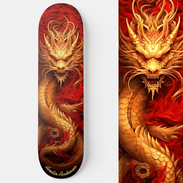 Skate Dragão Chinês Dourado e Vermelho (Red & Gold Gold Chinese Dragon Skateboard)