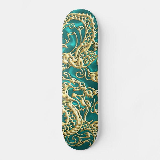 Skate Dragão Dourado em relevo na Turquesa Satin Impress (Frente)