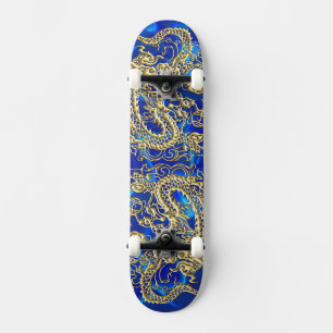 Skate Dragão Dourado embutido no Impressão Satin Azul
