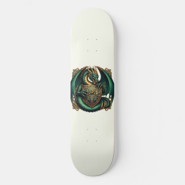 Skate Dragão Verde e Dourado com Escudo (Frente)