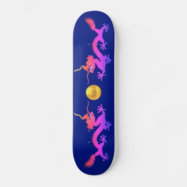 Skate Dragões em tons rosa, vermelho e azul sobre azul (Frente)