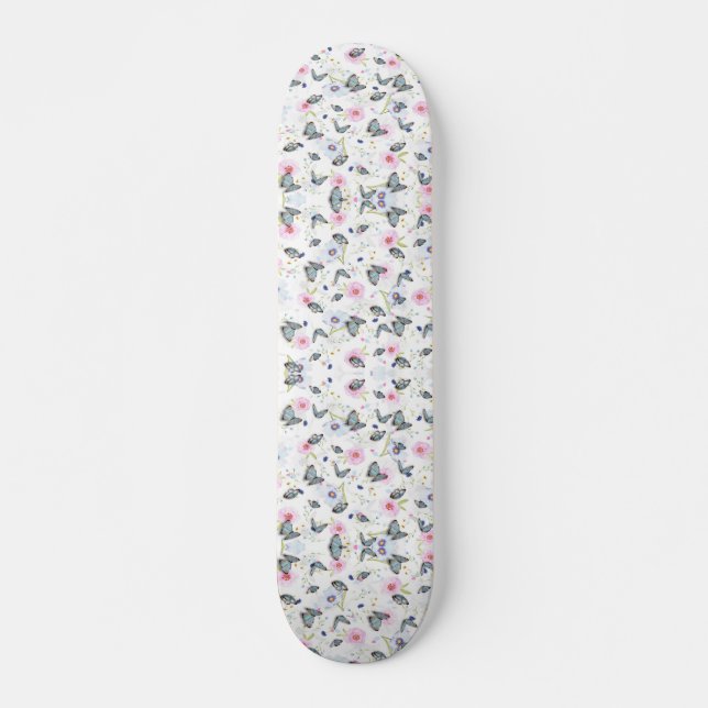 Skate elegante borboleta rosa e azul e flores (Frente)