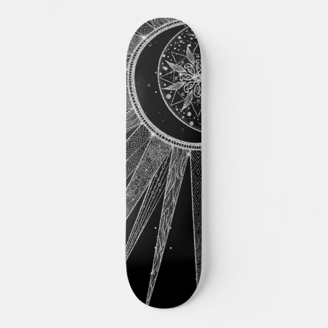 Skate Elegante Silver Sun Moon Mandala Black Design (Frente)