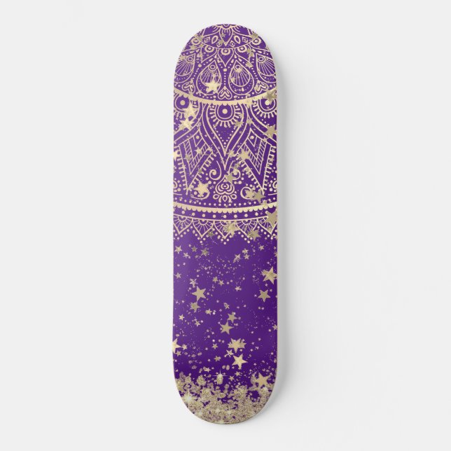 Skate Encantando Mandala com Douradas Estrelas em Roxo  (Frente)