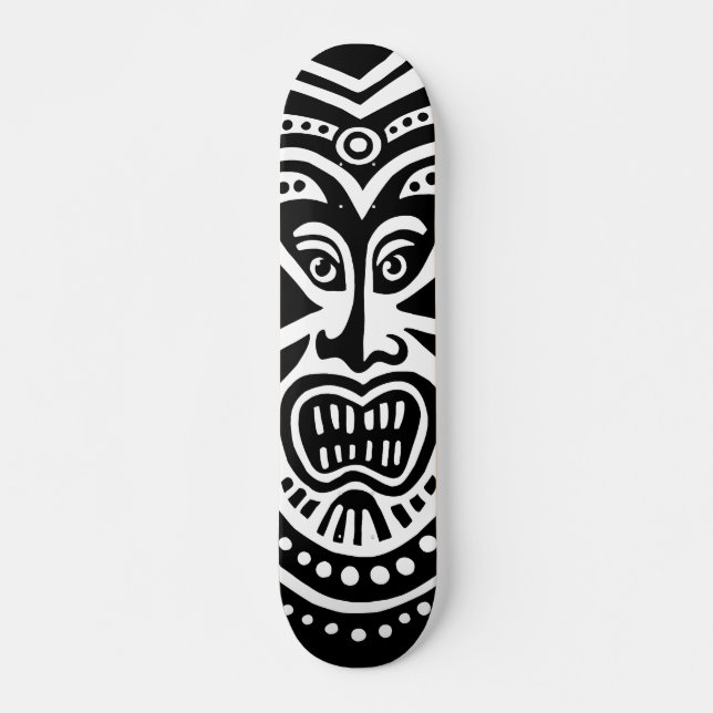 Skate Estilo de Máscara Tiki - Preto na Madeira (Retro) (Frente)