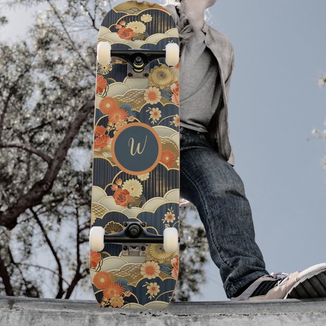 Skate Estilo Japonês Retro Floral Verde-água em Nuvens I (Criador carregado)