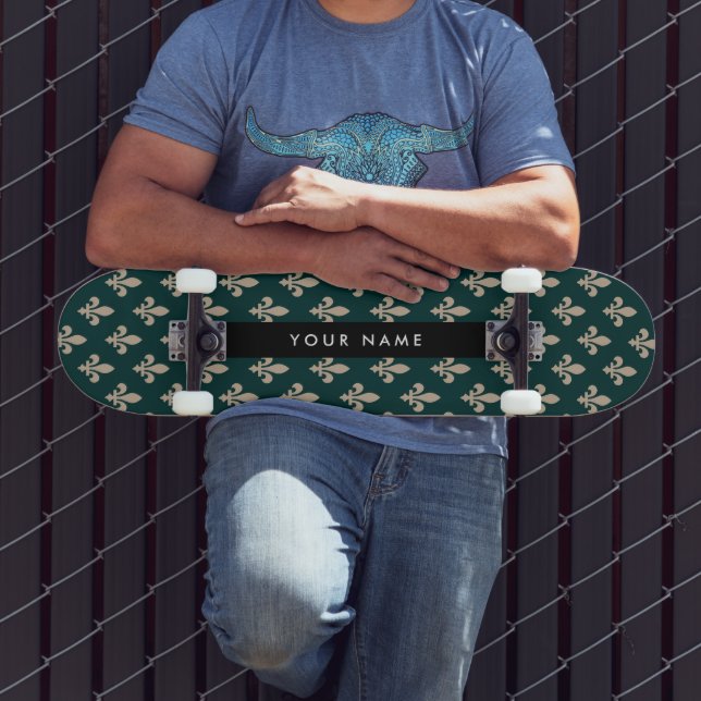 Skate Fleur de Lis, Bege sobre Verde, Real, Seu Nome (Ao ar livre 3)