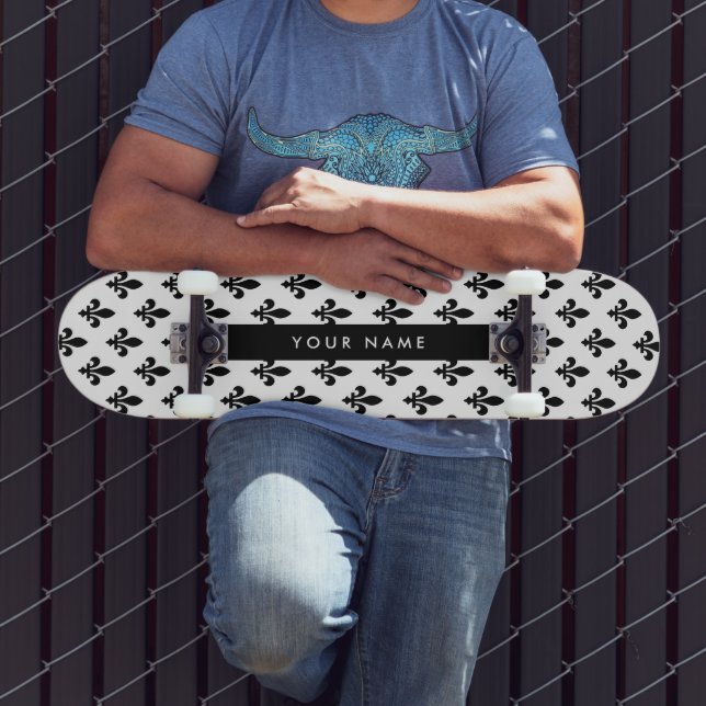 Skate Fleur de Lis, Preto no Branco, Preto, Seu Nome (Ao ar livre 3)