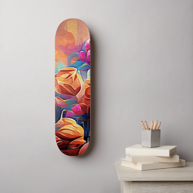 Skate Floral Abstrato Art Laranja Vermelho Azul Flores (Arte de parede)