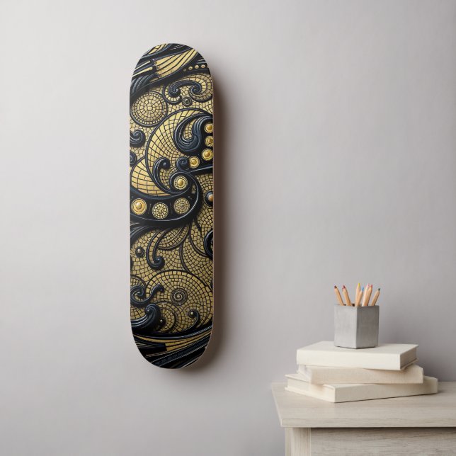Skate Floral Preto e Dourado e Contas Abstrato (Arte de parede)