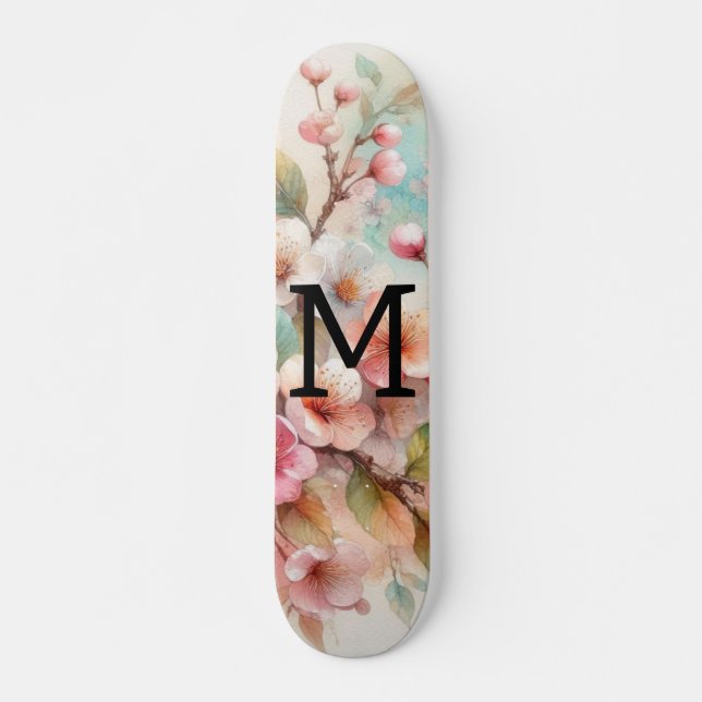 Skate Floral watercolor monogram pink cherry blossoms  (Frente)