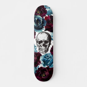 Skate Flores Bordeaux Azuis Caveira Garota Arrebatadora