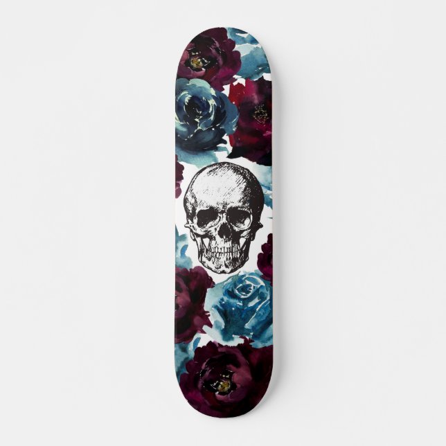 Skate Flores Bordeaux Azuis Caveira Garota Arrebatadora (Frente)