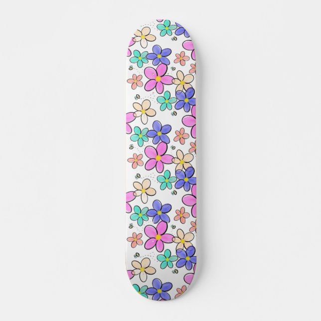 Skate flores coloridas arco-íris brilhantes abelhões flo (Frente)