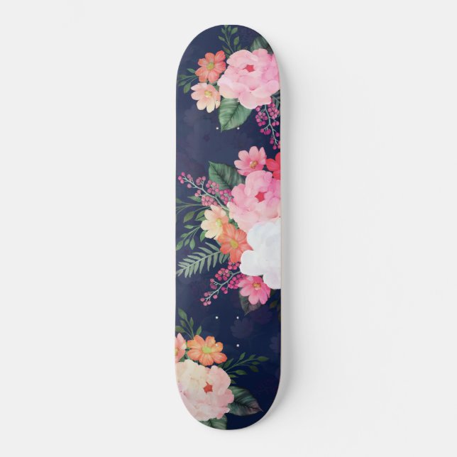 Skate Flores de Aquarela Rosa Design Azul (Frente)