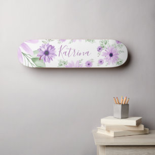 Skate Flores de Aquarelas Verdes Violetas Personalizadas