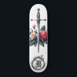 Skate *~* Flores de Incêndio AP88 Espada Medieval Floral<br><div class="desc">(Pesquise no código AP88 para localizar itens semelhantes ) Transferência fácil para outros produtos Zazzle. Piso branco de fundo skate com PINK e FLOWERS MEDIEVAL SWORD de pincel suave com elementos FLORES/FLORAIS e com um ANEL de FOGO / FLAMES / FLAME e Carta, MONOGRAMA INICIAL para o seu nome -...</div>