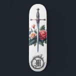 Skate *~* Flores de Incêndio AP88 Espada Medieval Floral<br><div class="desc">(Pesquise no código AP88 para localizar itens semelhantes ) Transferência fácil para outros produtos Zazzle. Piso branco de fundo skate com PINK e FLOWERS MEDIEVAL SWORD de pincel suave com elementos FLORES/FLORAIS e com um ANEL de FOGO / FLAMES / FLAME e Carta, MONOGRAMA INICIAL para o seu nome -...</div>