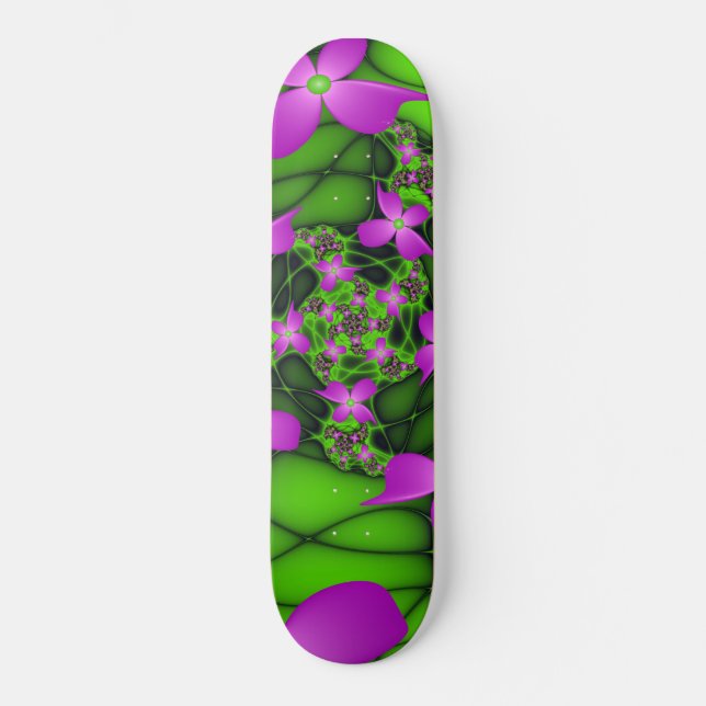 Skate Flores Fractais Modernas Abstratas Rosa Verde Neon (Frente)