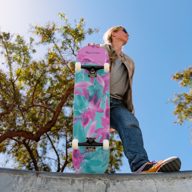 Skate Flores Havaianas Abstratas Rosa Turquesa (Ao ar livre 1)