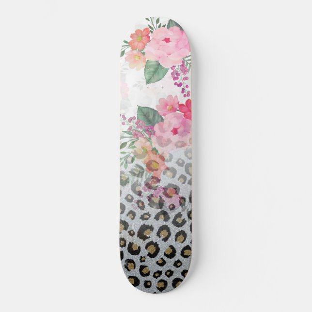 Skate Flores-rosa-impressas, pretas, Douradas prateadas, (Frente)
