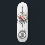 Skate *~* Fogo AP88 Espada Floral Medieval<br><div class="desc">(Pesquise no código AP88 para localizar itens semelhantes ) Transferência fácil para outros produtos Zazzle. Quadro de bordo branco com FLOR de cor PINK e ROSA para SWORD MEDIEVAL para lança-dragões com FLORES / elementos FLORAIS e com ANEL de FOGO / FLAMES / FLAME e Carta, MONOGRAMA INICIAL para o...</div>