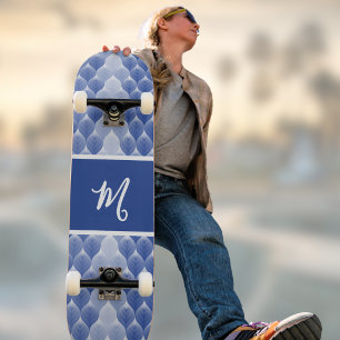 Skate Folha Azul Branco Moderno Monograma Nome Geométric