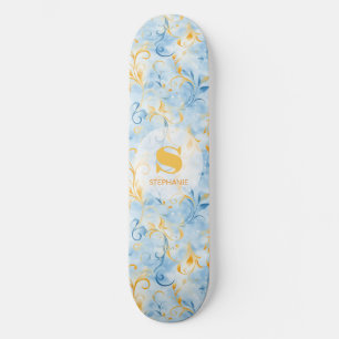 Skate Folha Elegante Azul e Dourada Inspirada em Paisley