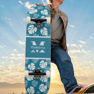 Skate Folha Tropical de Monstera Floral Monograma Azul V