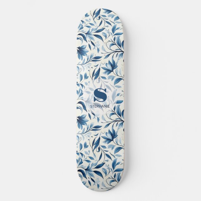 Skate Folhas de salsa azul Elegante - Fundo branco (1) (Frente)