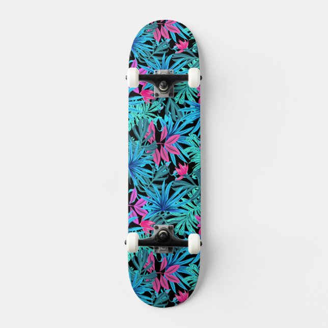 Skate Folhas Tropicais Azuis e Rosa (Frente)