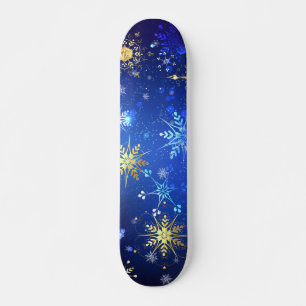 Skate Fundo Azul XMAS com Flocos de Neve Ouro