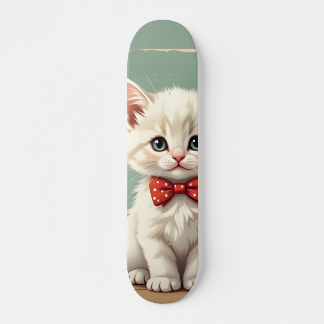 Skate Gato branco fofo e adorável com gravata borboleta (Frente)