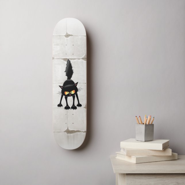 Skate Gato Preto Cartoon Engraçado e Feroz  (Arte de parede)