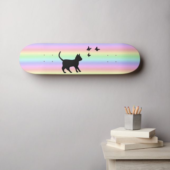 Skate Gato Preto e Borboleta no Arco-íris (Arte de parede (Horz))