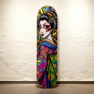 Skate Geisha Japonesa Vibrante no Retrato Kimono
