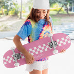 Skate Girly Pink White Checkered Racing Flag Monogram<br><div class="desc">Create your own custom, personalized, modern, cool, stylish, girly pink and white checks checkers checkered checkerboard geometric racing flag pattern, classy elegant typography script, best quality hard-rock maple competition shaped skateboard deck. To customize, simply type in your name / monogram / initials. While you add / design, you'll be able...</div>