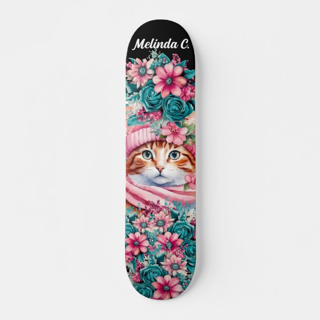 Skate Girly Teal & Pink Flowers Kitten Natal (Frente)